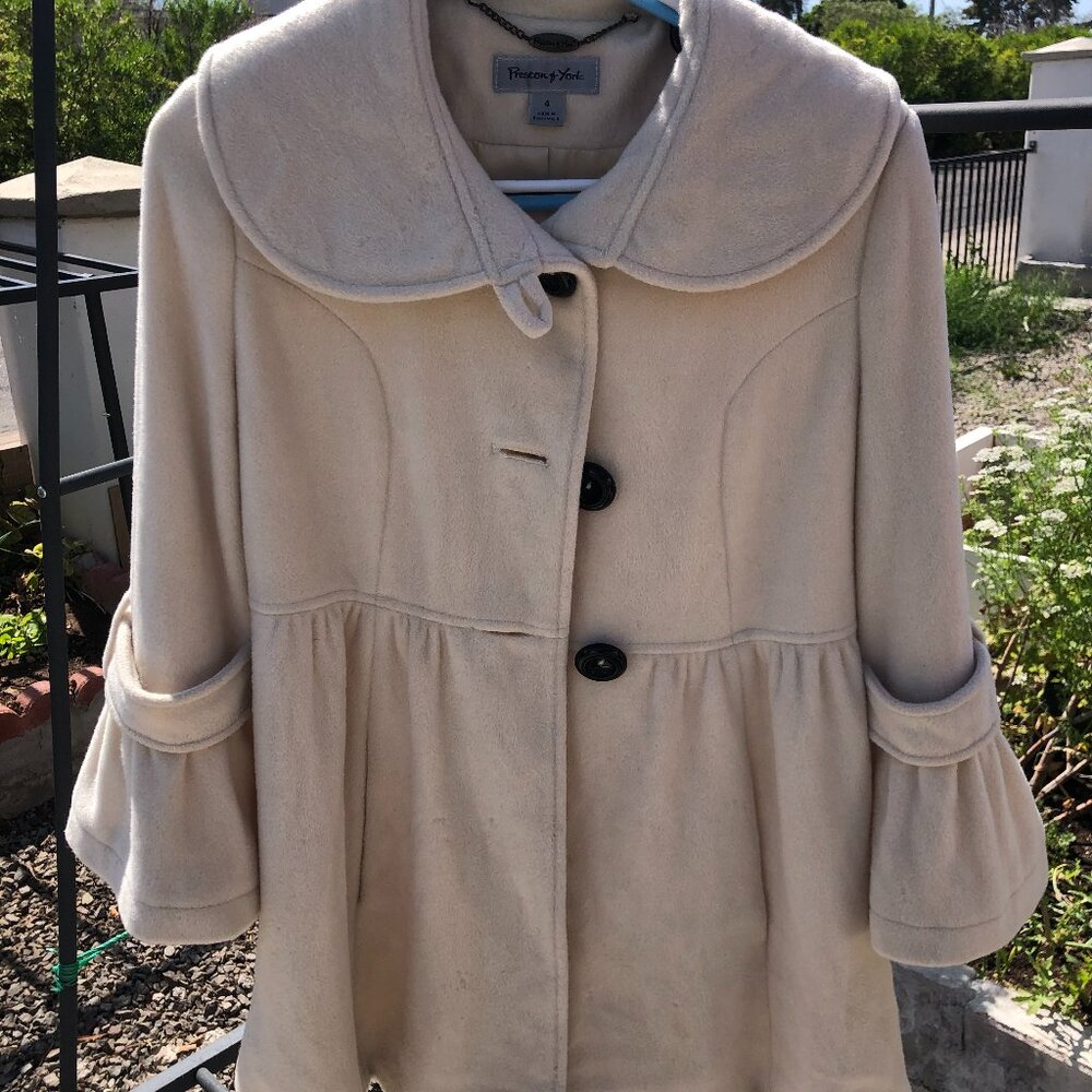 Vintage Preston & York Cream Wool Coat Oversized Collar Midi Trench Minimalist 4